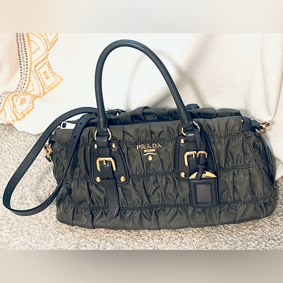 PRADA Tessuto Gaufre Gathered Gray Bag Handbag Shoulder Bag Crossbody w/COA - Picture 1 of 17